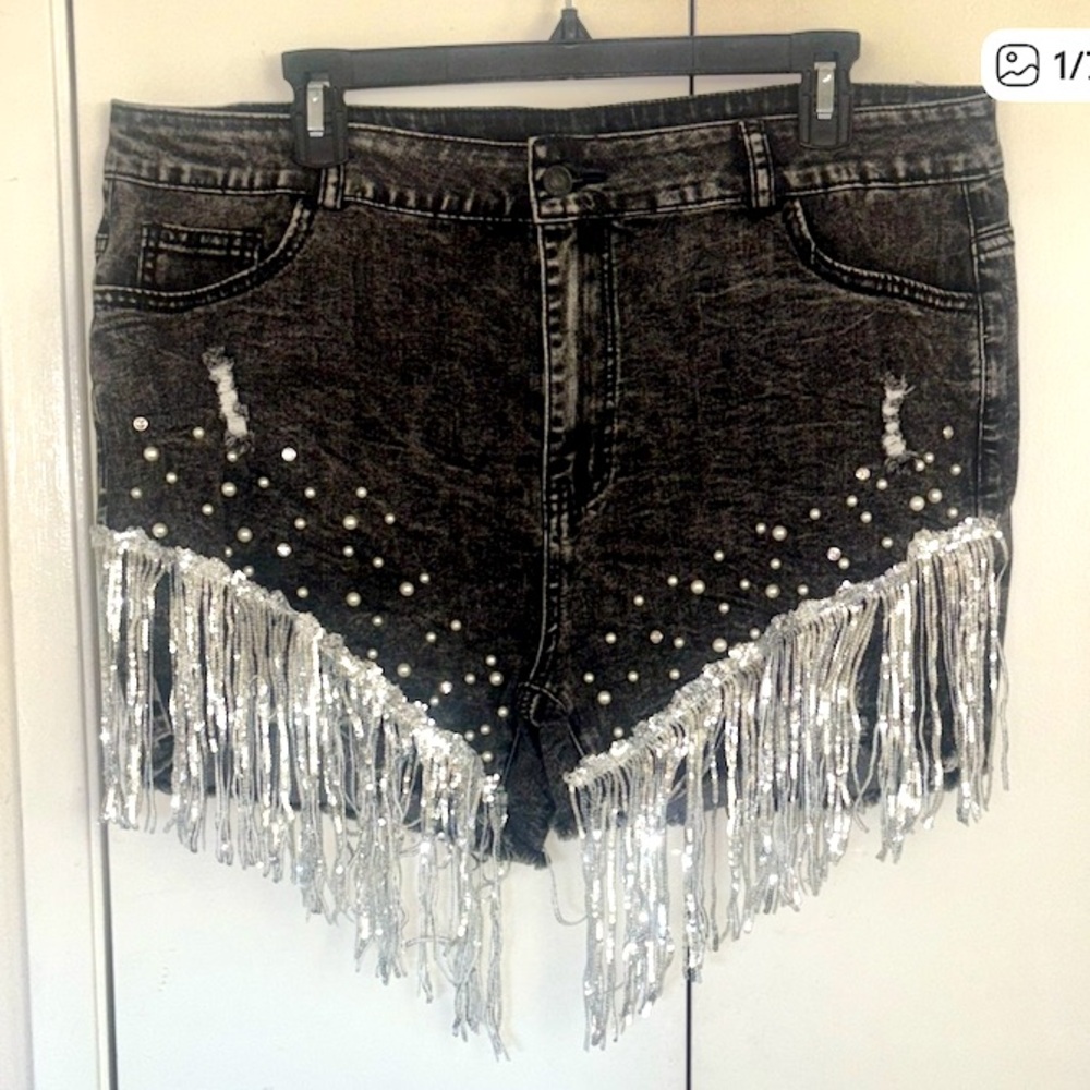 New Collection festival Silver Fringe Denim stretchy cowgirl Shorts size XXL